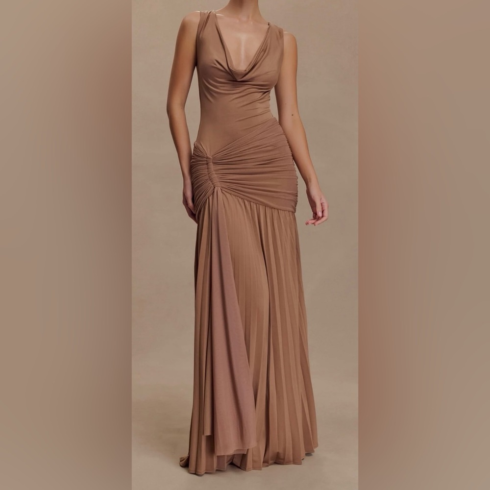 Meshki Dania Cowl Neck Slinky Maxi Dress - Mocha Mousse